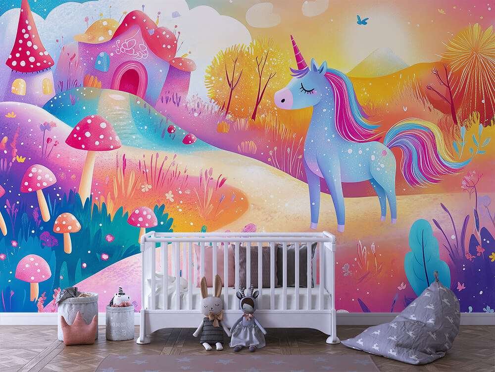 Fotobehang Eenhoorn in Kleurrijk Fantasielandschap voor de Kinderkamer