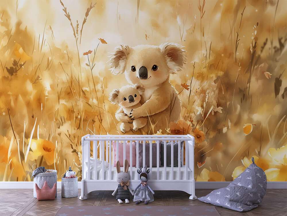 Fotobehang Koala met Jong in Bloemenveld voor de Kinderkamer