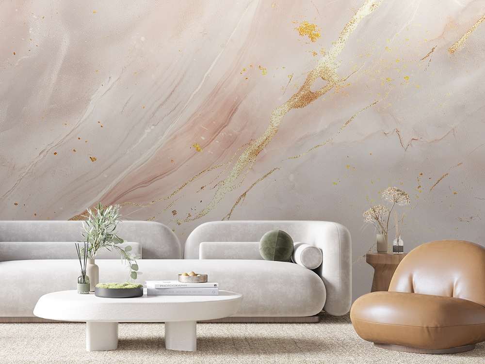 Fotobehang Licht Beige Marmer met Gouden Aders