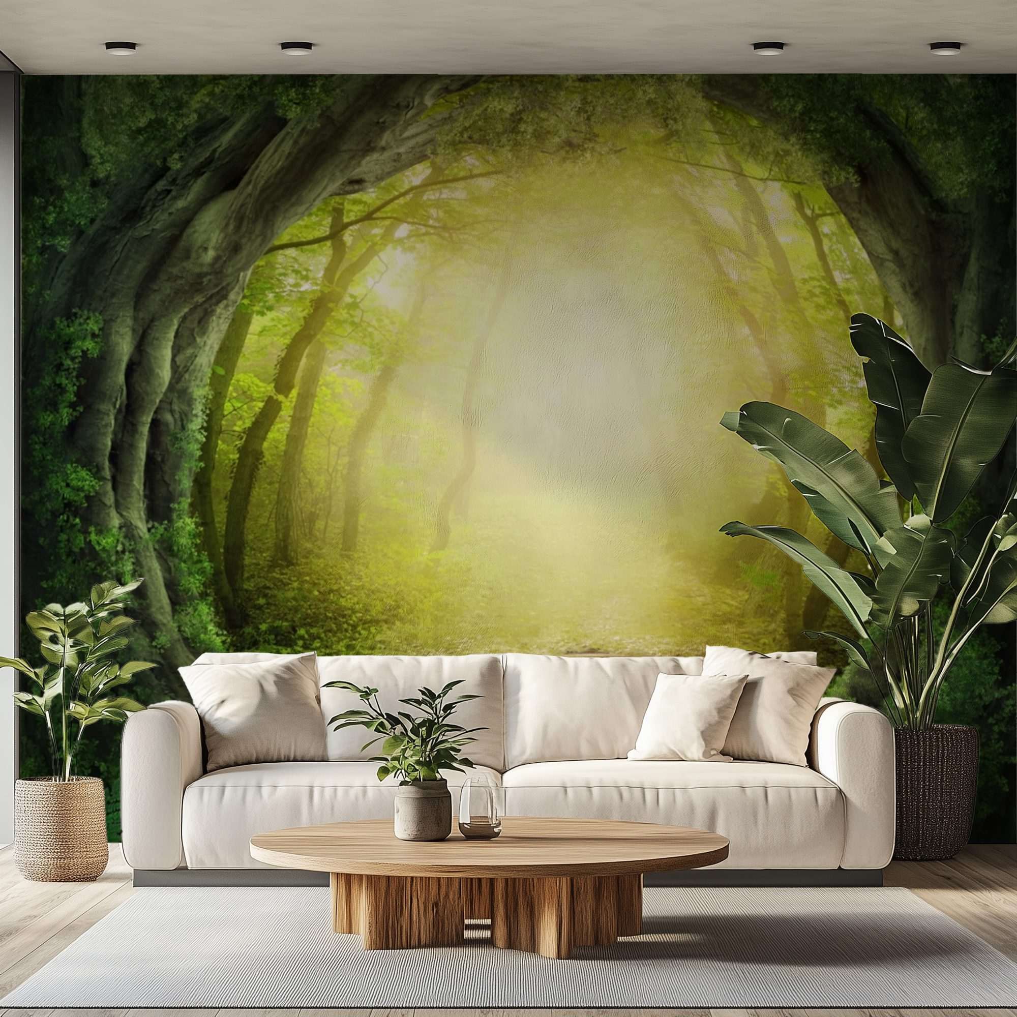 Fotobehang Magisch Bospad met Licht in Groene Tunnel