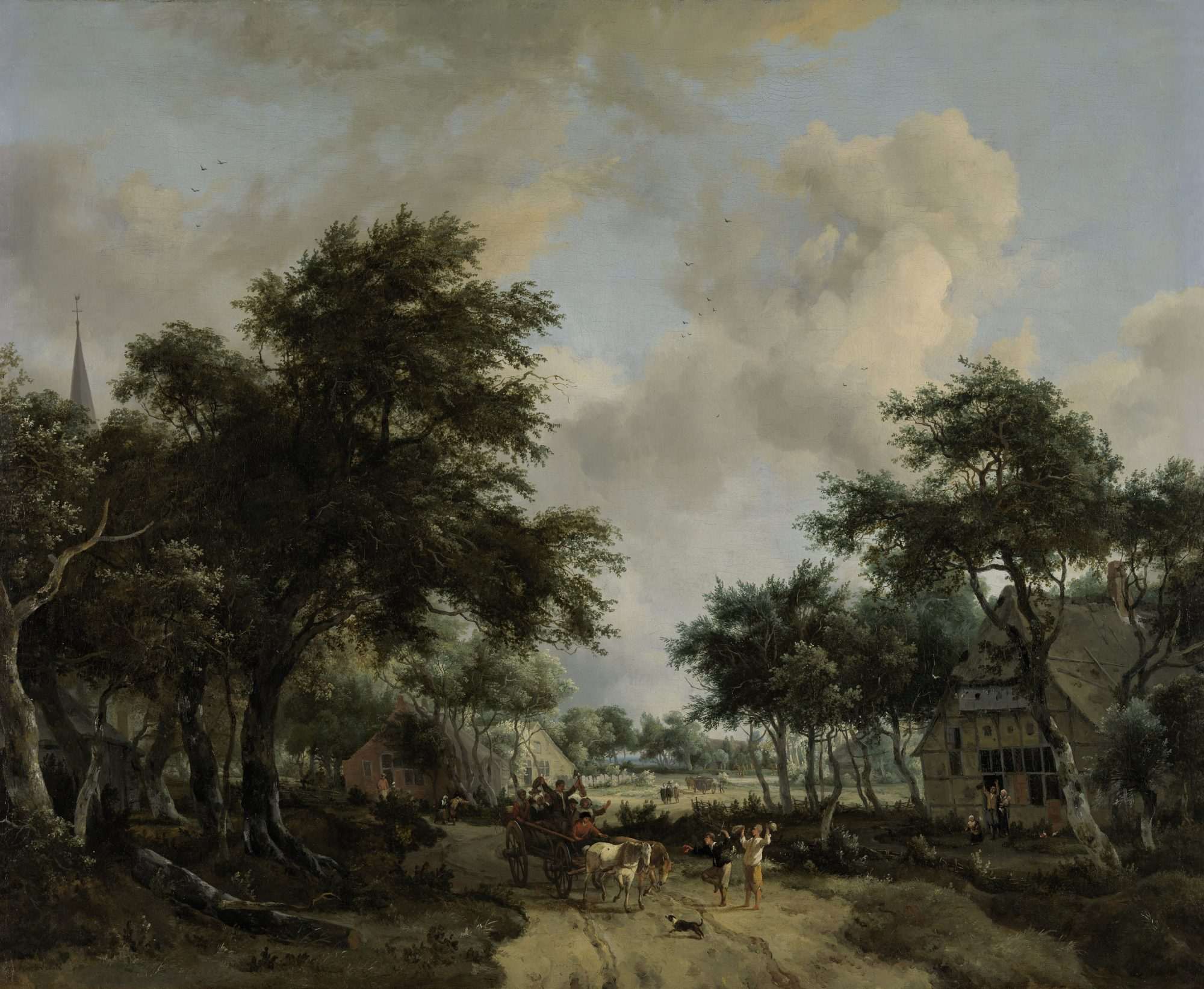 Fotobehang Boslandschap met een Vrolijk Gezelschap in een Wagen van Meindert Hobbema uit het Rijksmuseum - Afbeelding 2