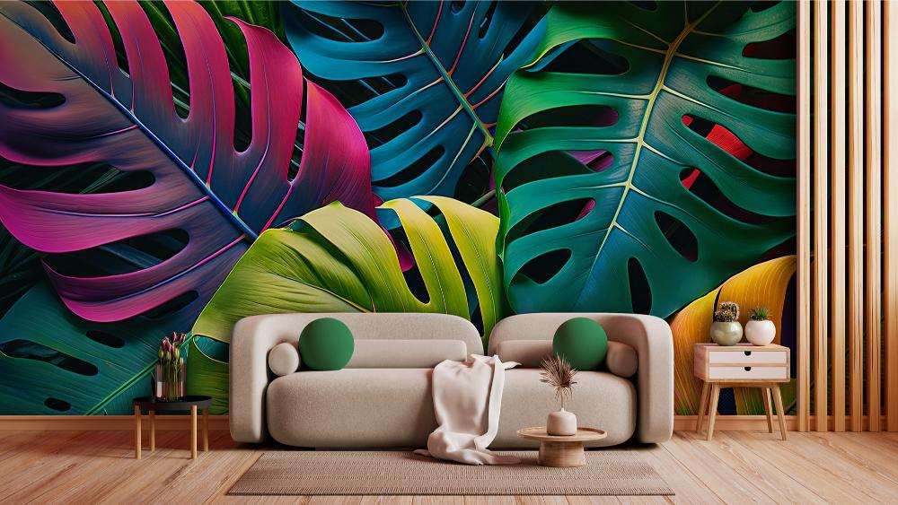 Fotobehang Multicolor Tropische Bladeren Modern Design