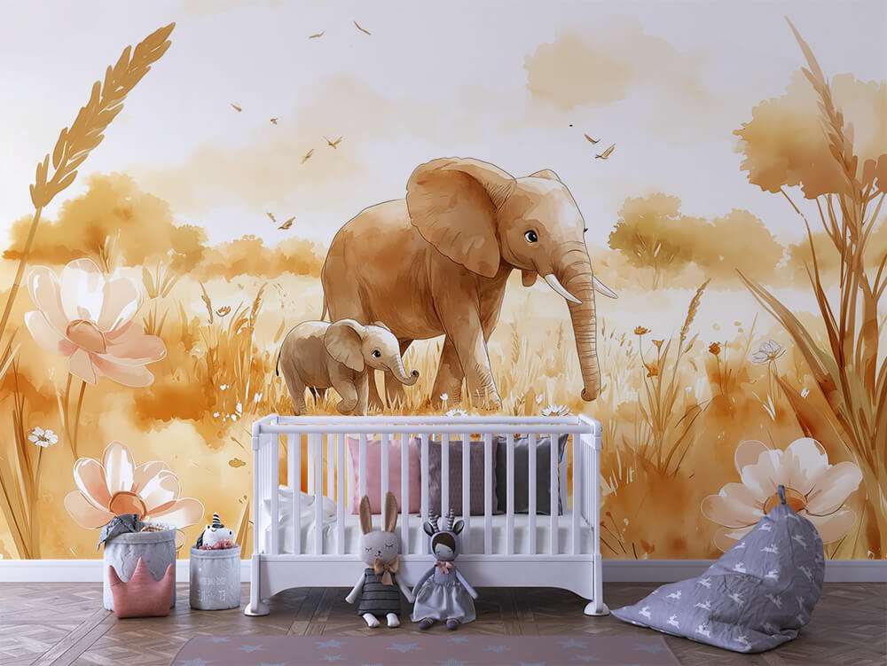 Fotobehang Olifant met Jong in Bloemenveld voor de Kinderkamer
