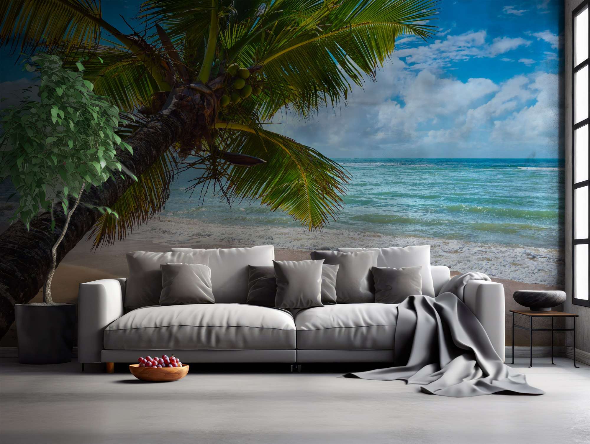 Fotobehang Palmboom aan Horizon bij Turquoise Zee