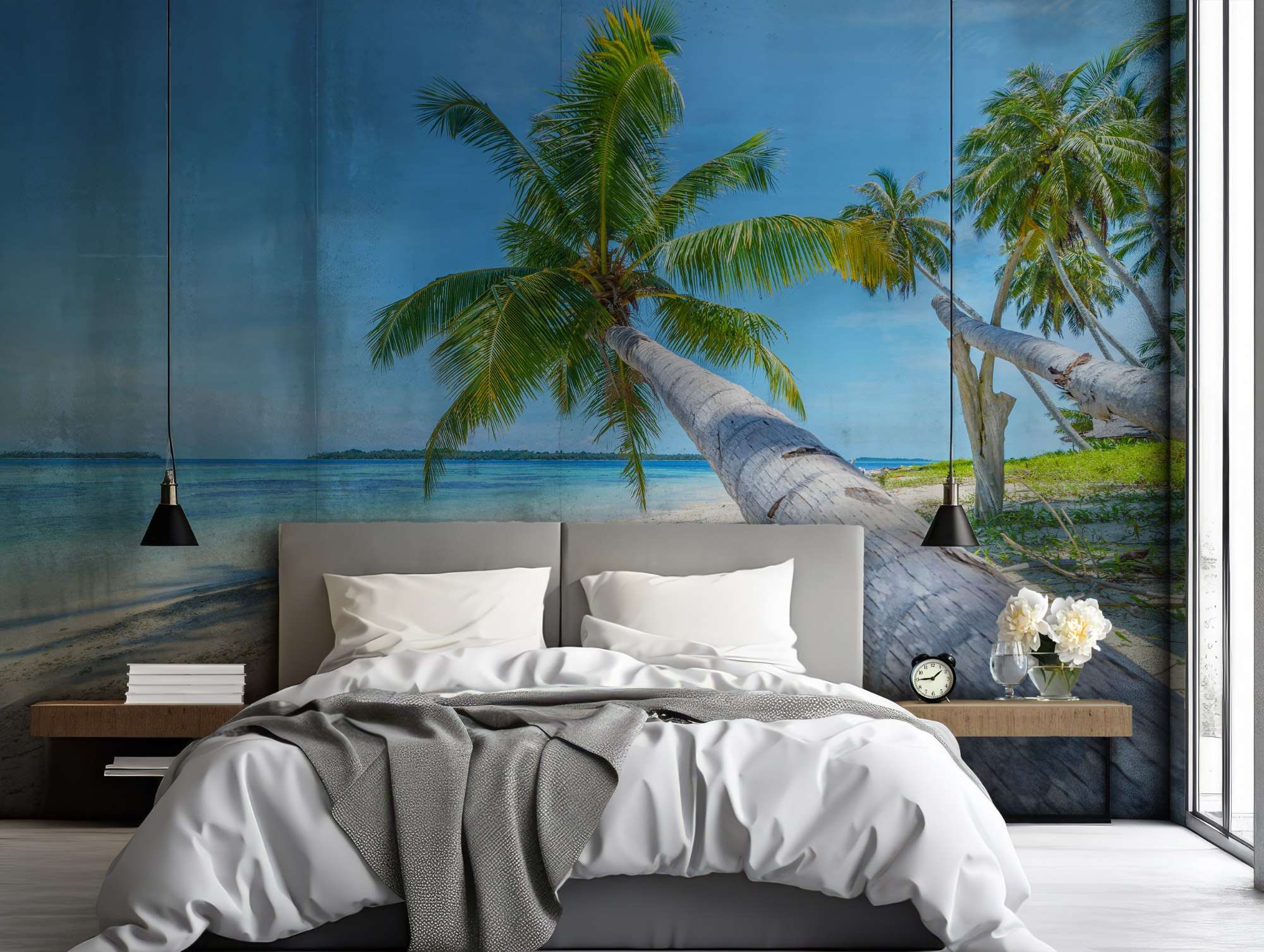 Fotobehang Palmboom van Onderaf tegen Blauwe Lucht