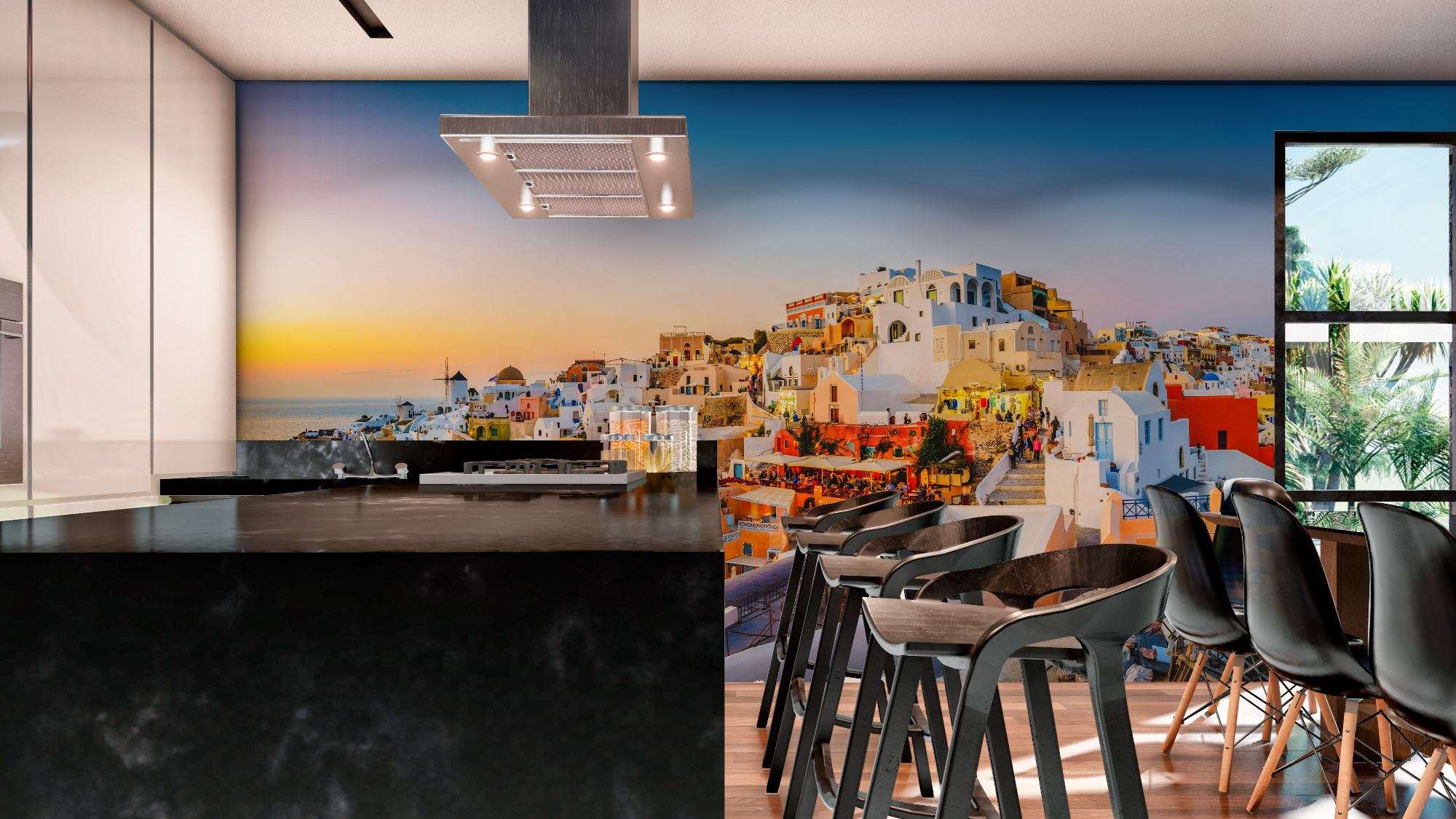 Fotobehang Panorama Santorini bij Avond met Verlichte Huisjes