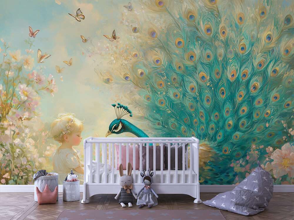 Pauw met Meisje tussen Bloemen – Sprookjesachtig Fotobehang Kinderkamer