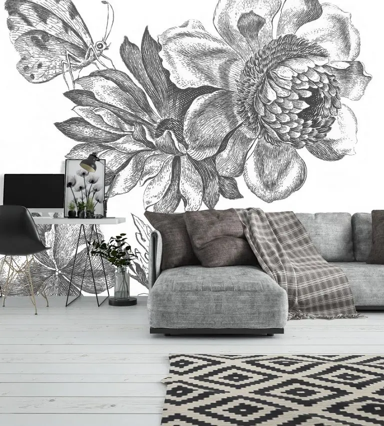 Fotobehang Botanische Pentekening met Bloemen en Vlinder
