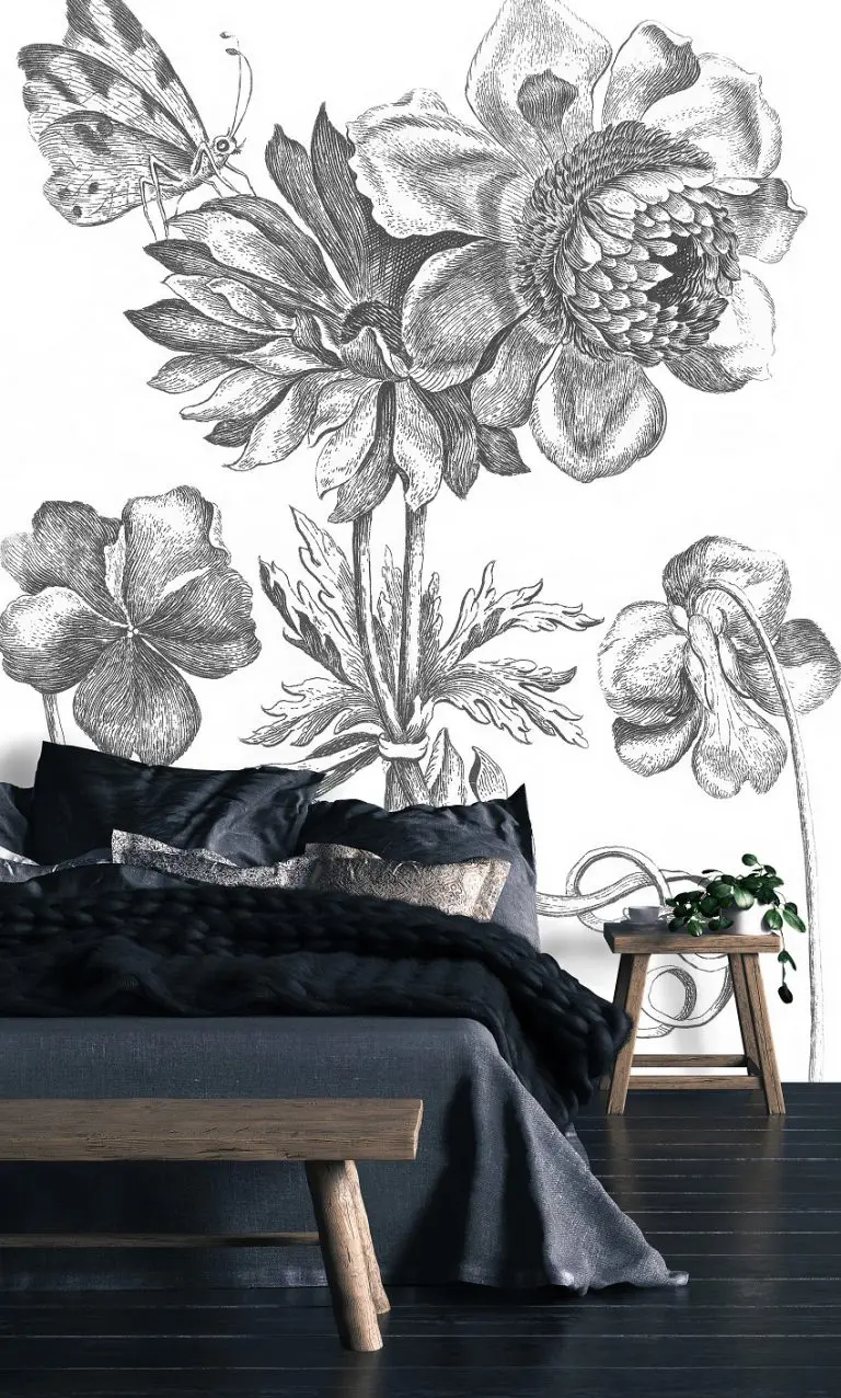 Fotobehang Botanische Pentekening met Bloemen en Vlinder - Afbeelding 3