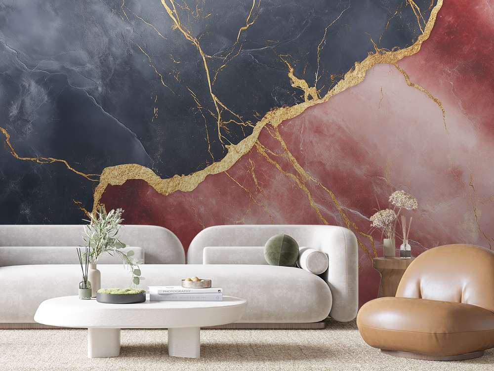 Fotobehang Rood Marmer met Gouden Aders
