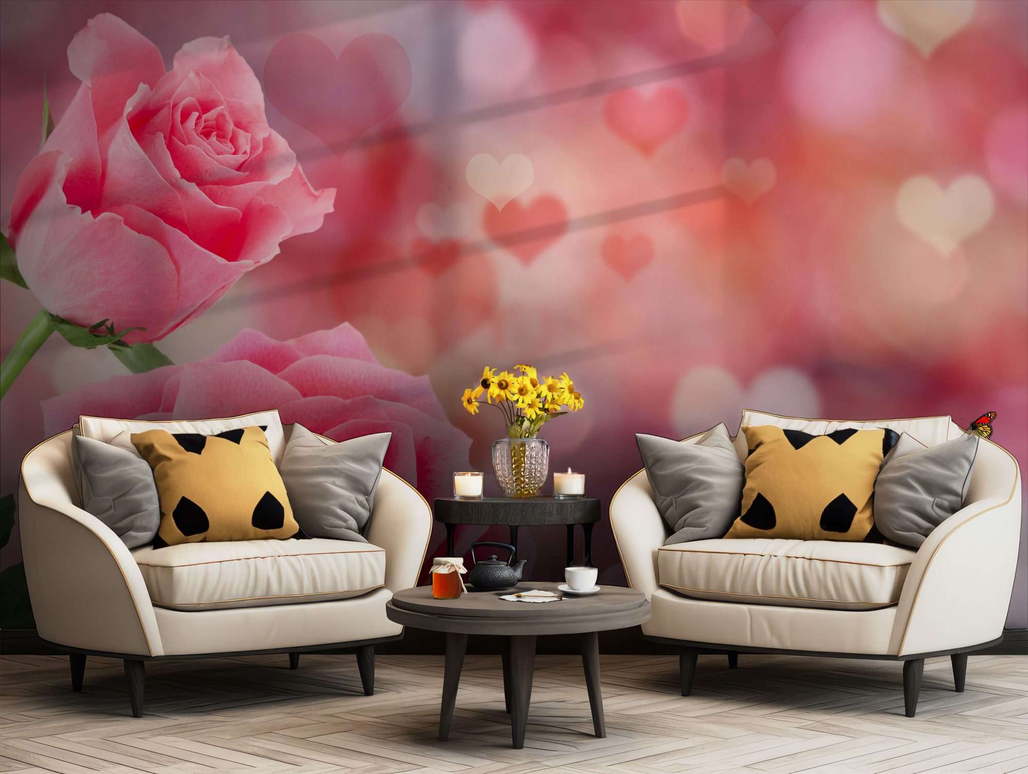 Fotobehang Roze Rozen met Hartjesachtergrond
