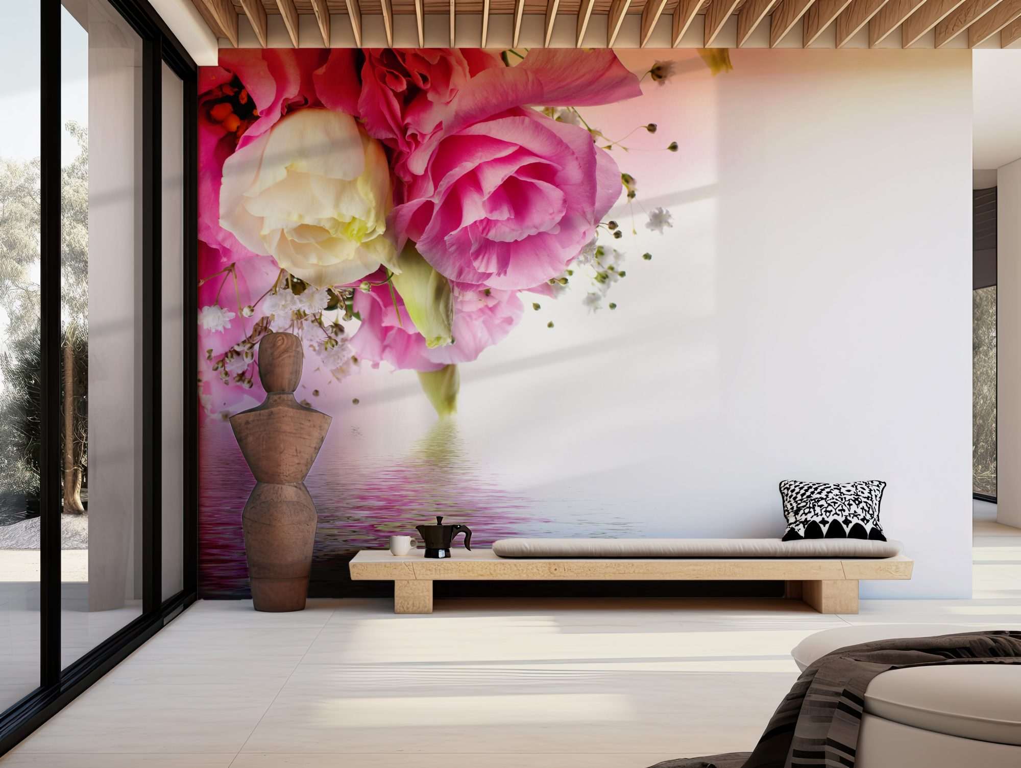 Fotobehang Roze Rozen met Waterreflectie