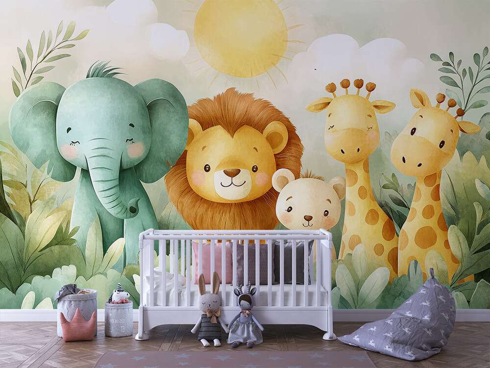 Fotobehang Vrolijke Safari Dieren in Pastelkleuren