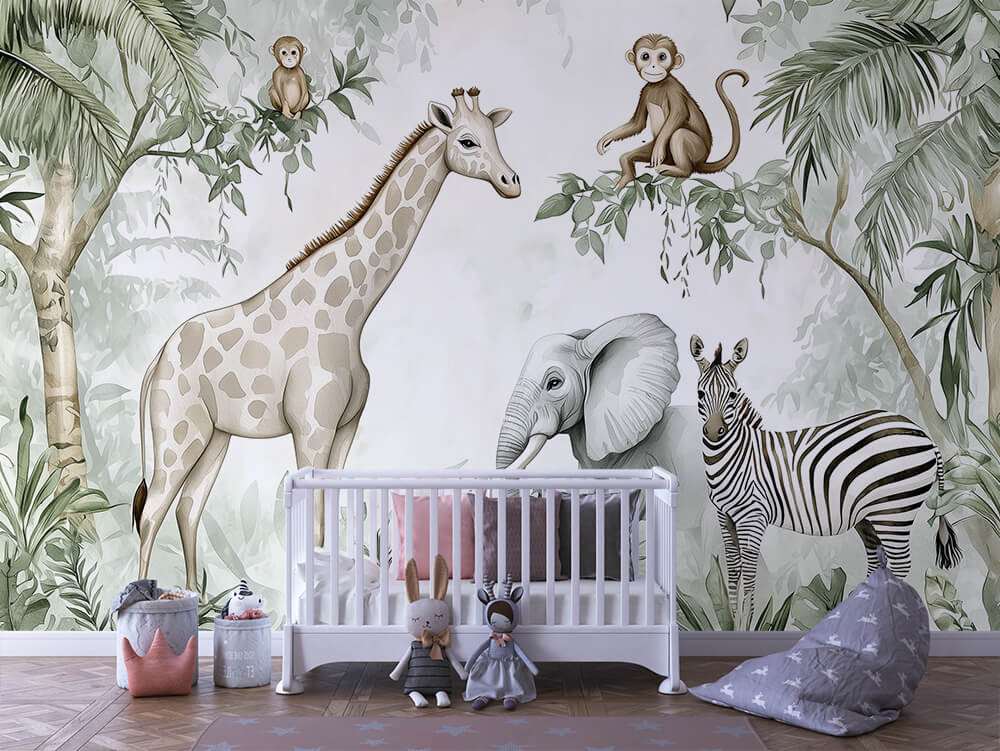 Fotobehang Safari Dieren Jungle Illustratie Kinderkamer