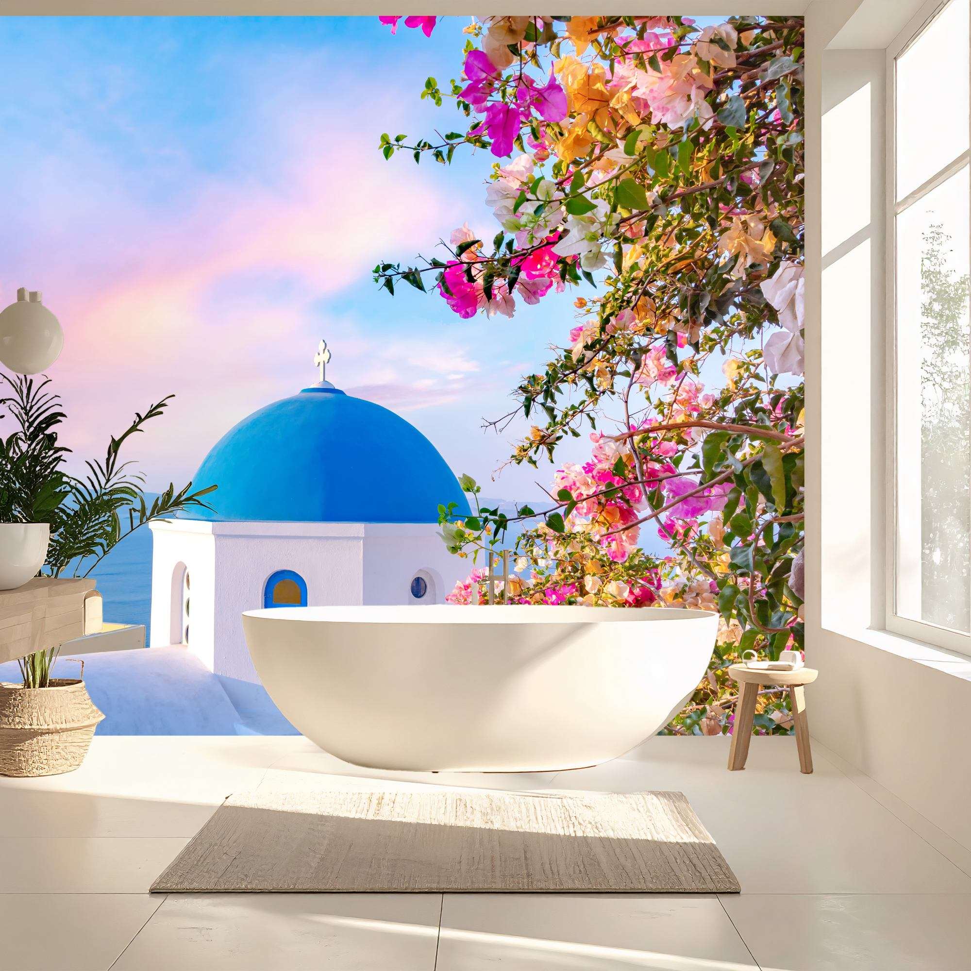 Fotobehang Santorini Blauwe Koepel met Bloemen bij Zonsopkomst