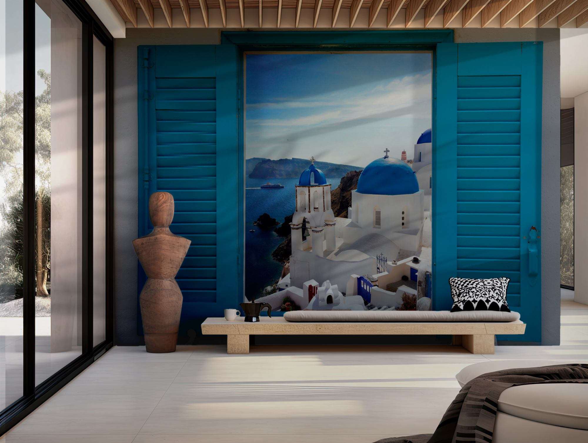 Fotobehang Santorini Raam met Blauwe Luiken en Zeezicht