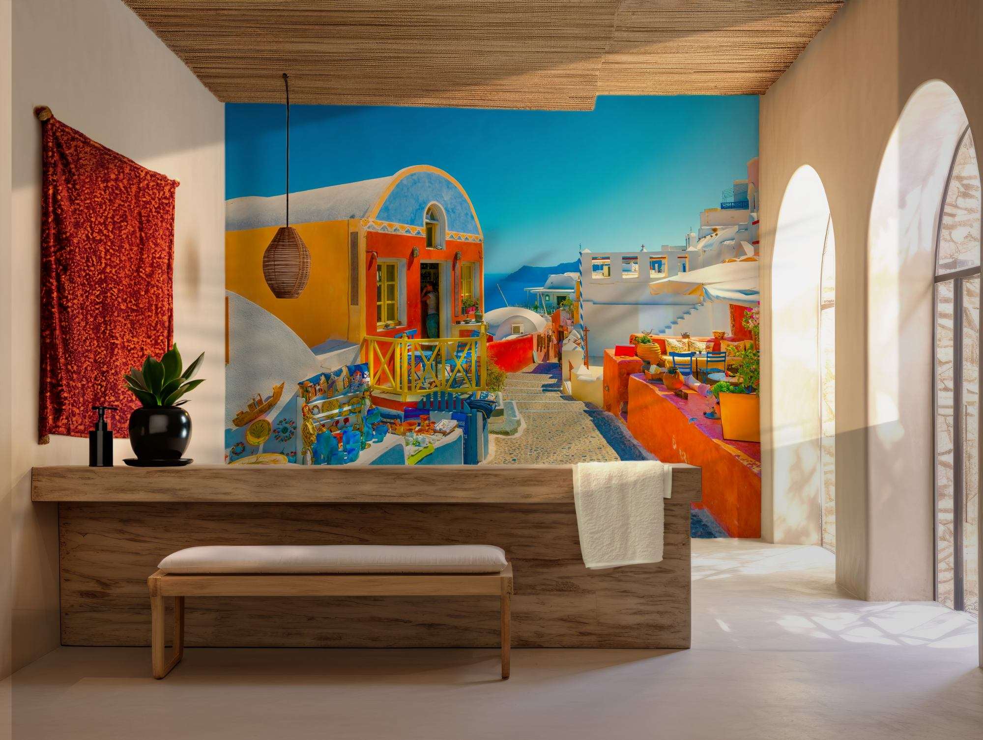 Fotobehang Kleurrijk Straatje op Santorini
