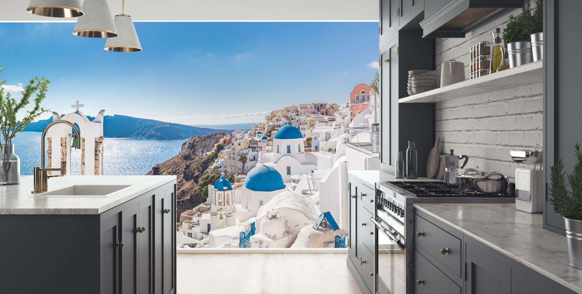 Fotobehang Santorini Wit Dorp met Zee en Heuvels