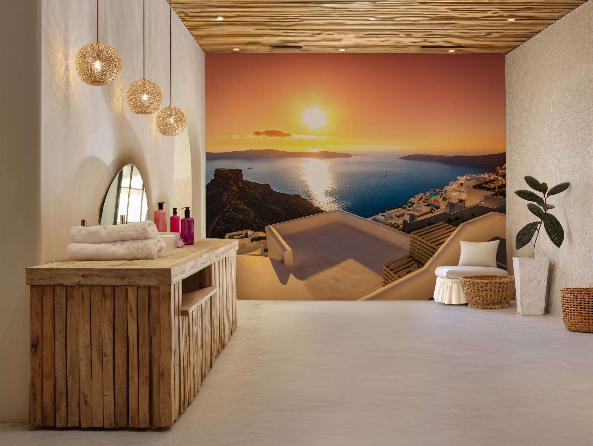 Fotobehang Santorini Zonsondergang boven Zee en Terrassen