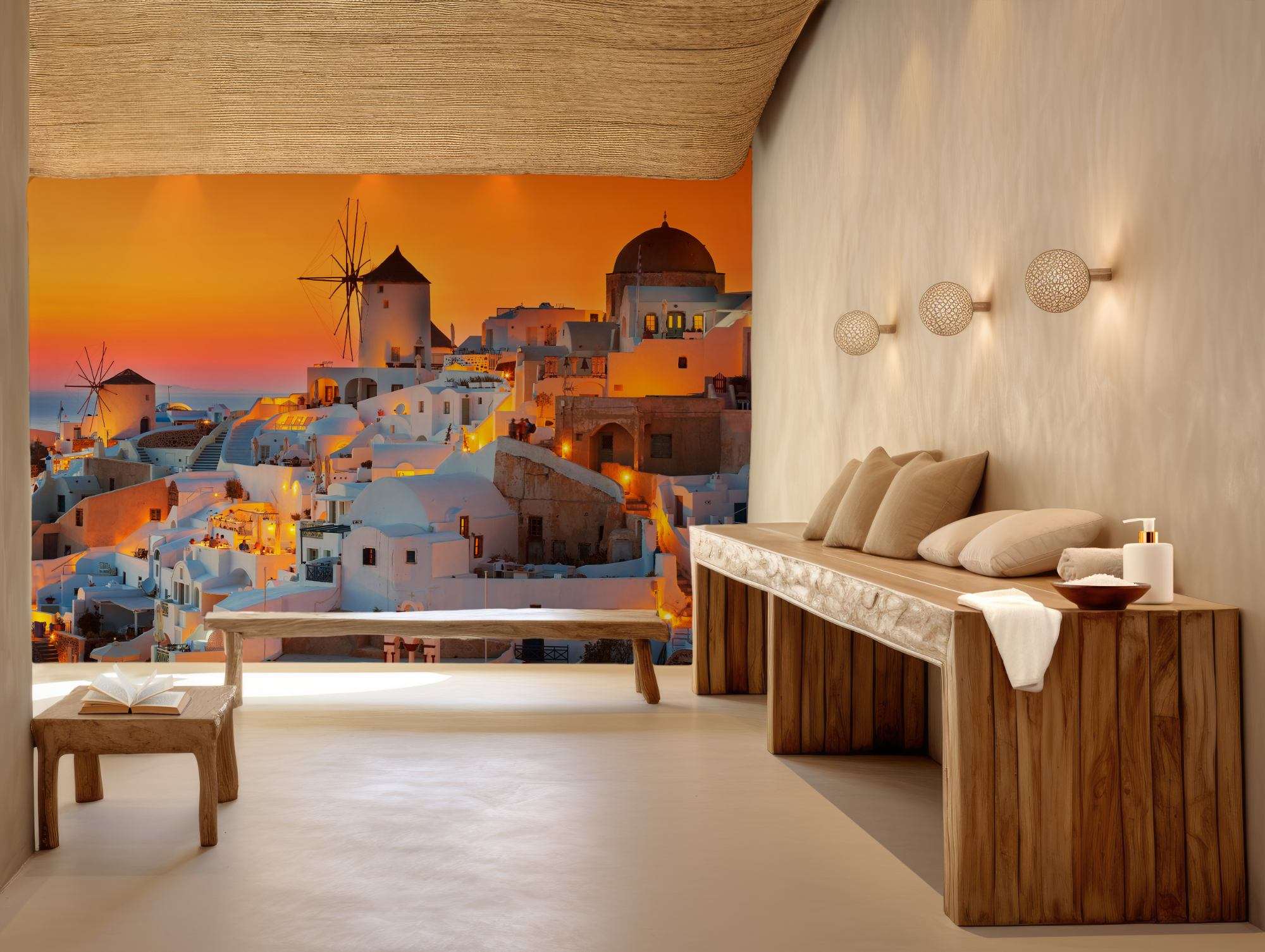 Fotobehang Santorini Zonsondergang met Windmolens en Witte Huisjes