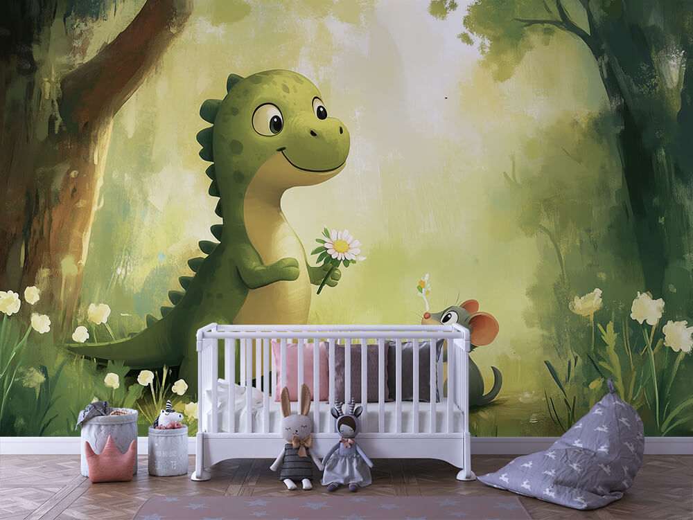 Fotobehang Schattige Dinosaurus met Muis in Bos