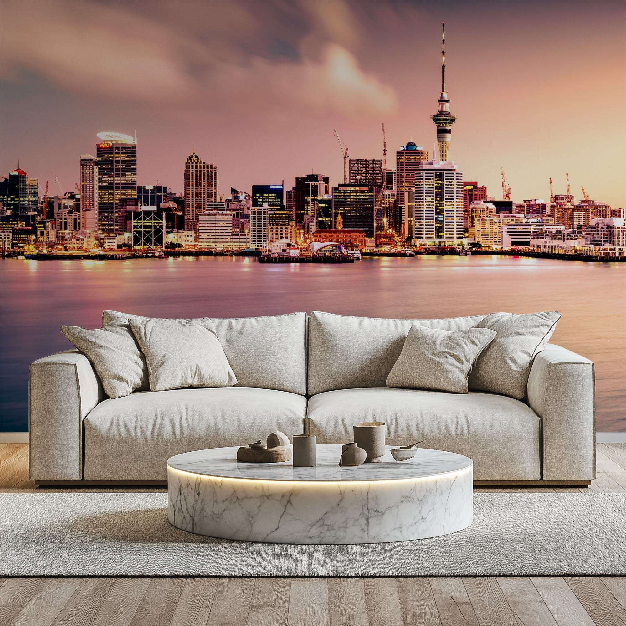 Fotobehang Skyline Auckland bij Zonsondergang Panorama