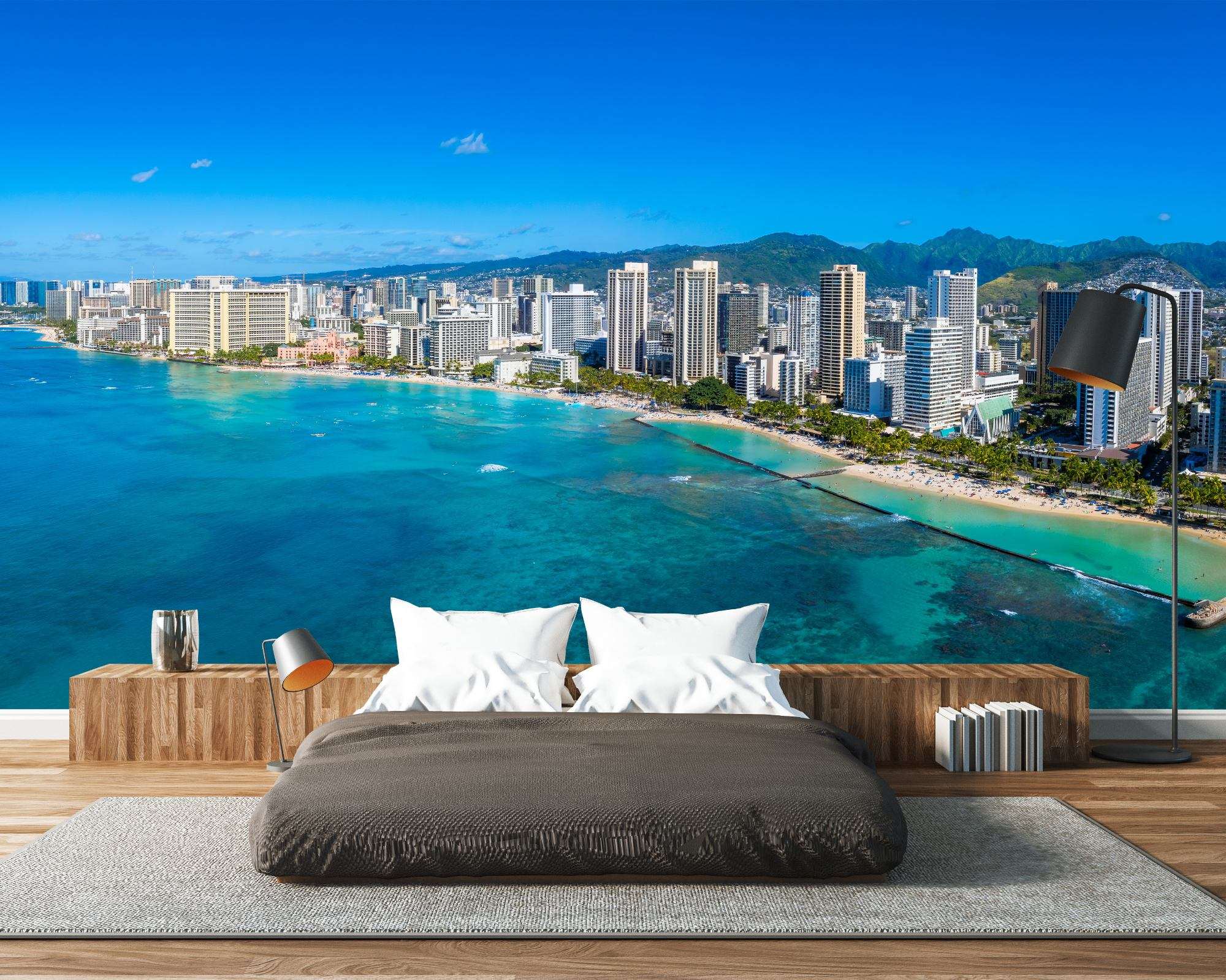 Fotobehang Skyline Honolulu Waikiki Strand en Oceaan