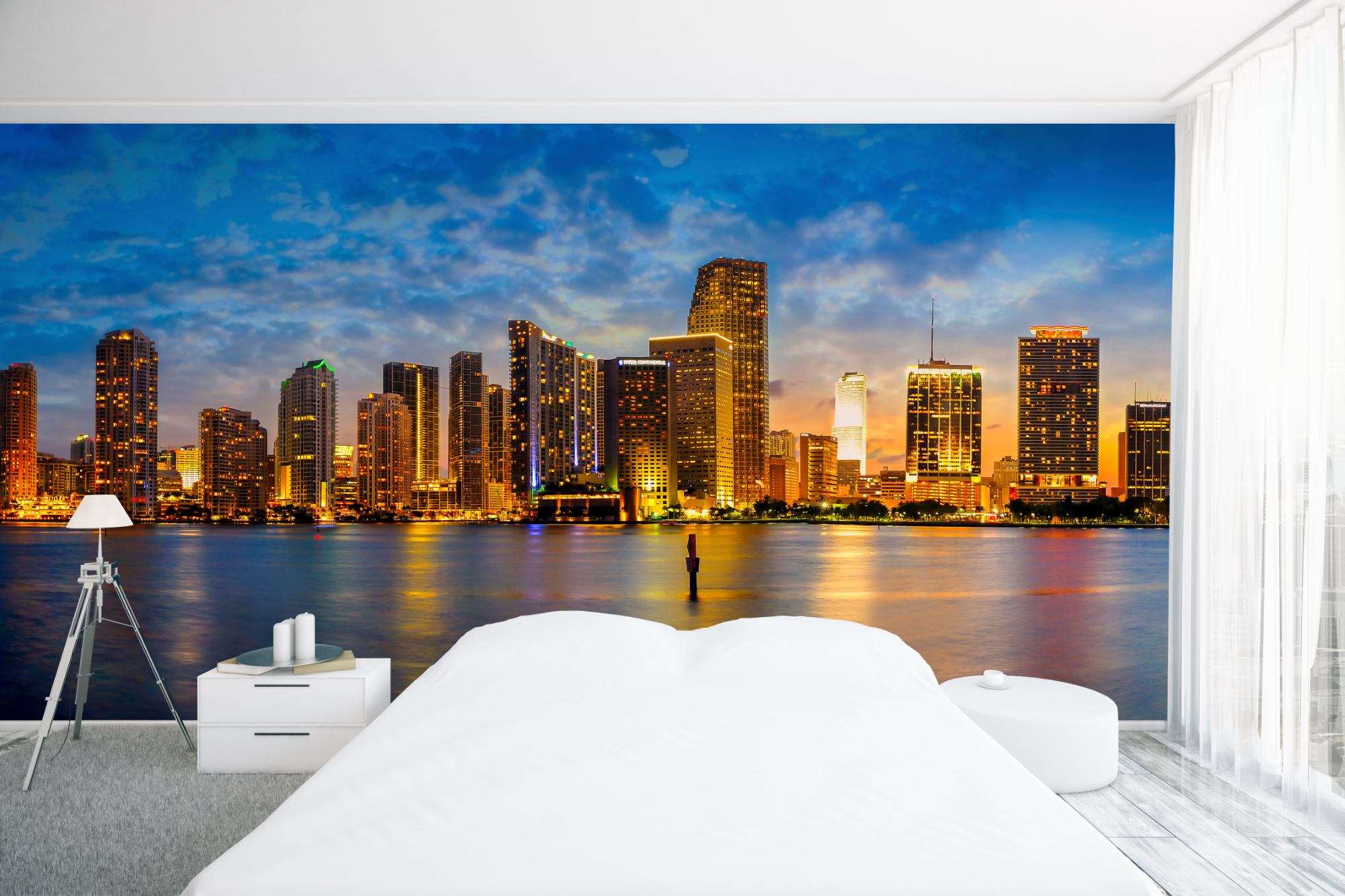 Fotobehang Skyline Miami Gouden Avondreflectie