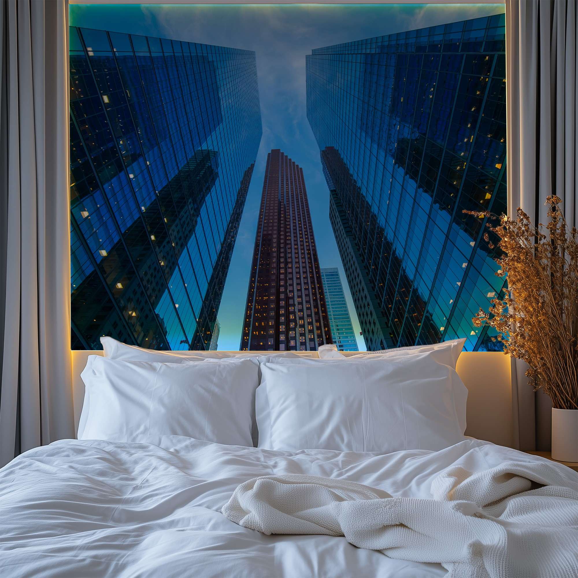 Fotobehang Skyline Moderne Wolkenkrabbers van Onderaf