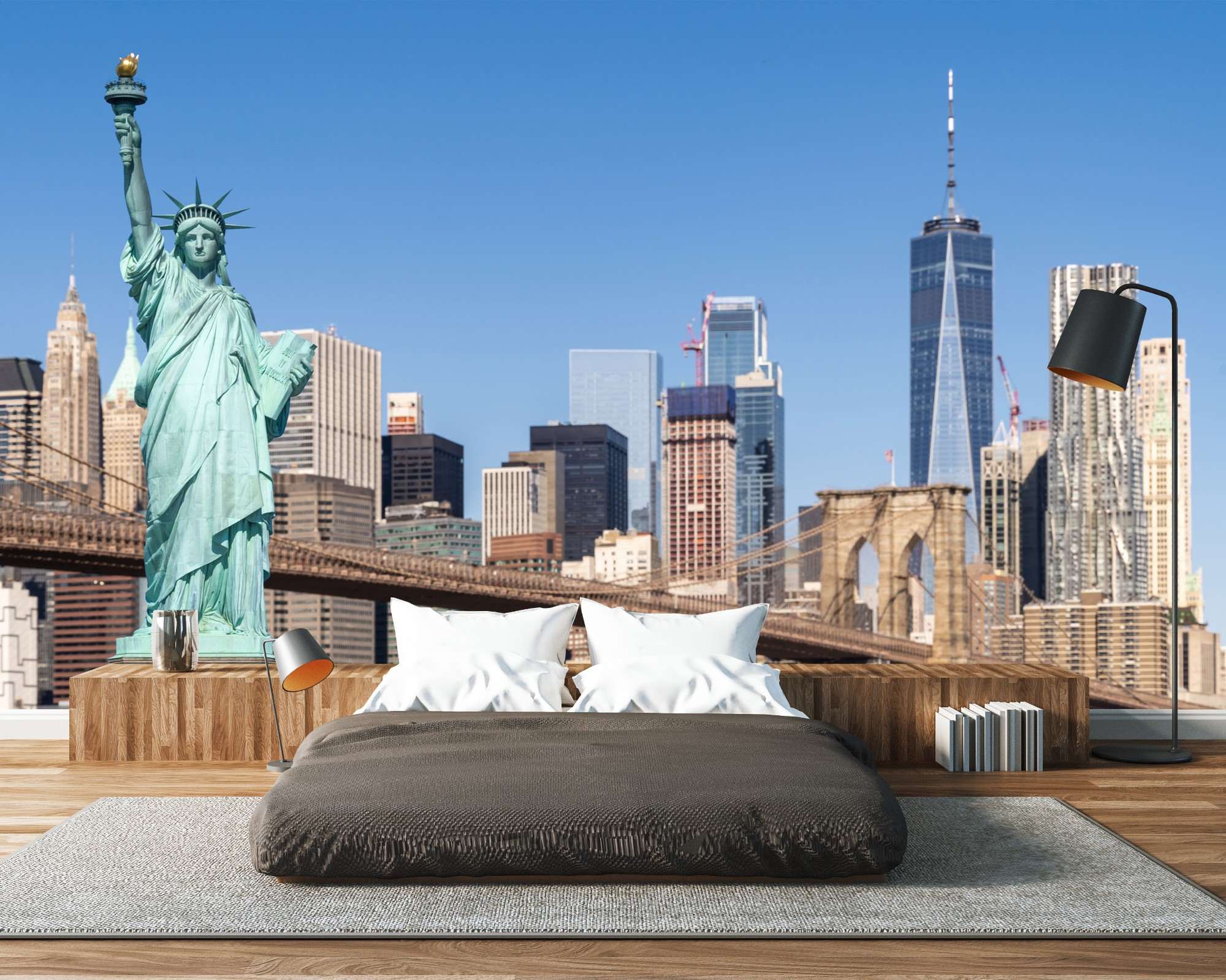Fotobehang Skyline New York met Vrijheidsbeeld en Manhattan