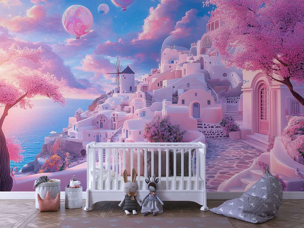 Fotobehang Pastel Sprookjesdorp met Kasteel