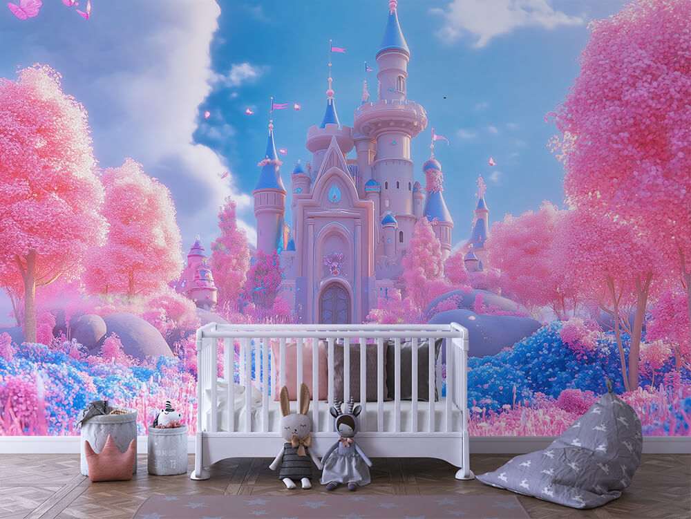 Fotobehang Pastel Sprookjeskasteel met Roze Bos