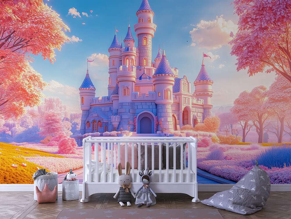 Fotobehang Pastel Sprookjeskasteel met Roze Tuin