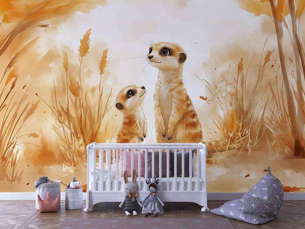 Fotobehang Stokstaartjes in Warm Natuurlandschap voor de Kinderkamer