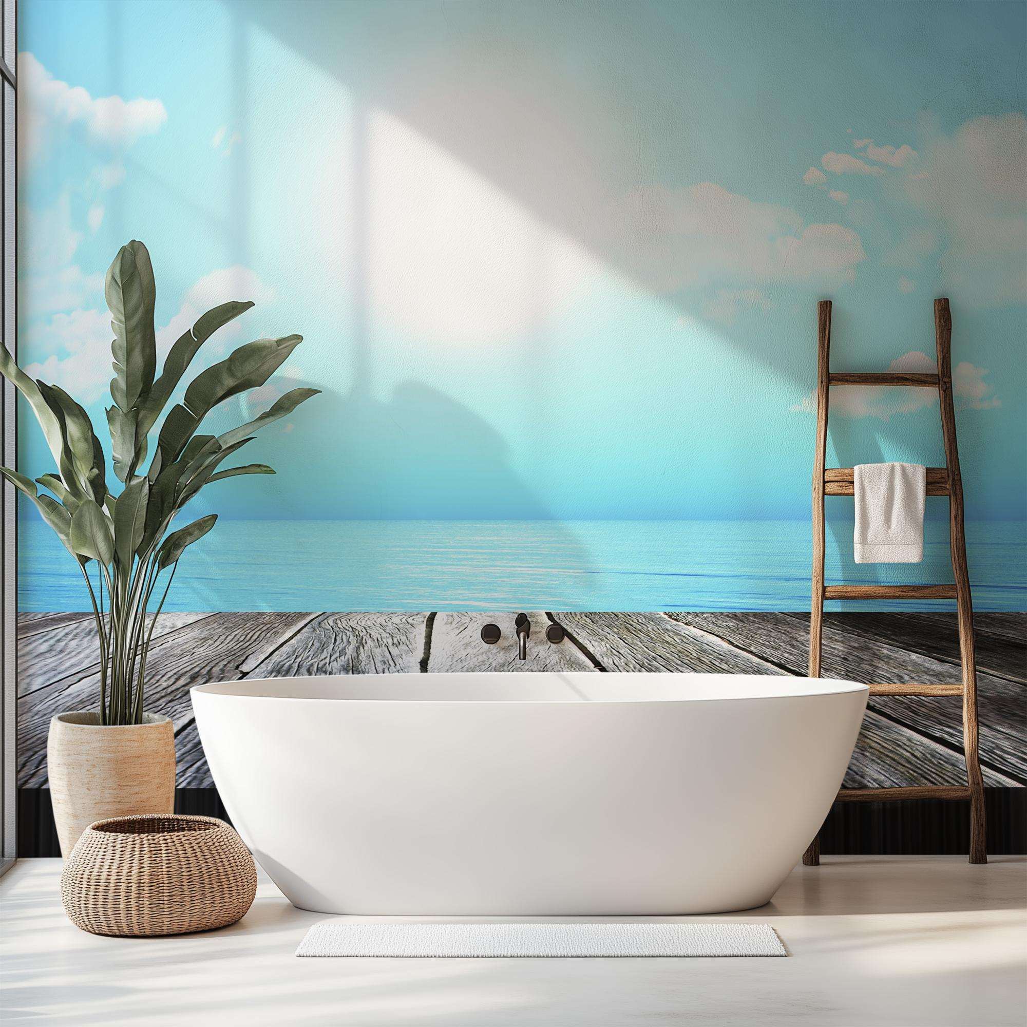 Fotobehang Strand met Houten Vlonder en Zeezicht