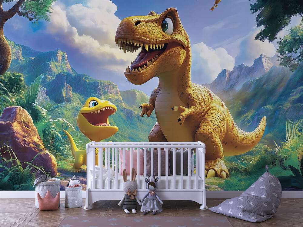 Fotobehang Vrolijke T-Rex en Baby Dinosaurus in Berglandschap