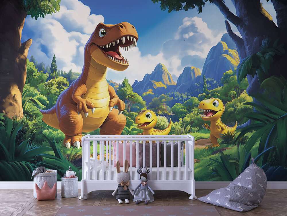 Fotobehang T-Rex Familie in Groene Jungle