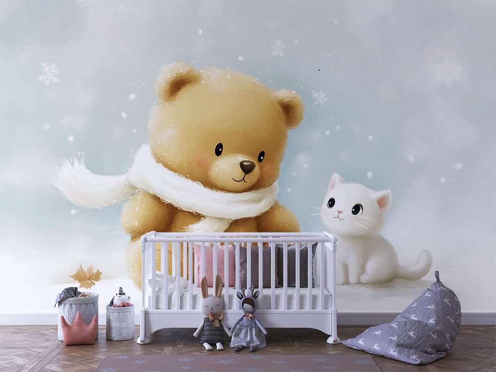 Fotobehang Teddybeer en Wit Kitten in Winterse Sfeer