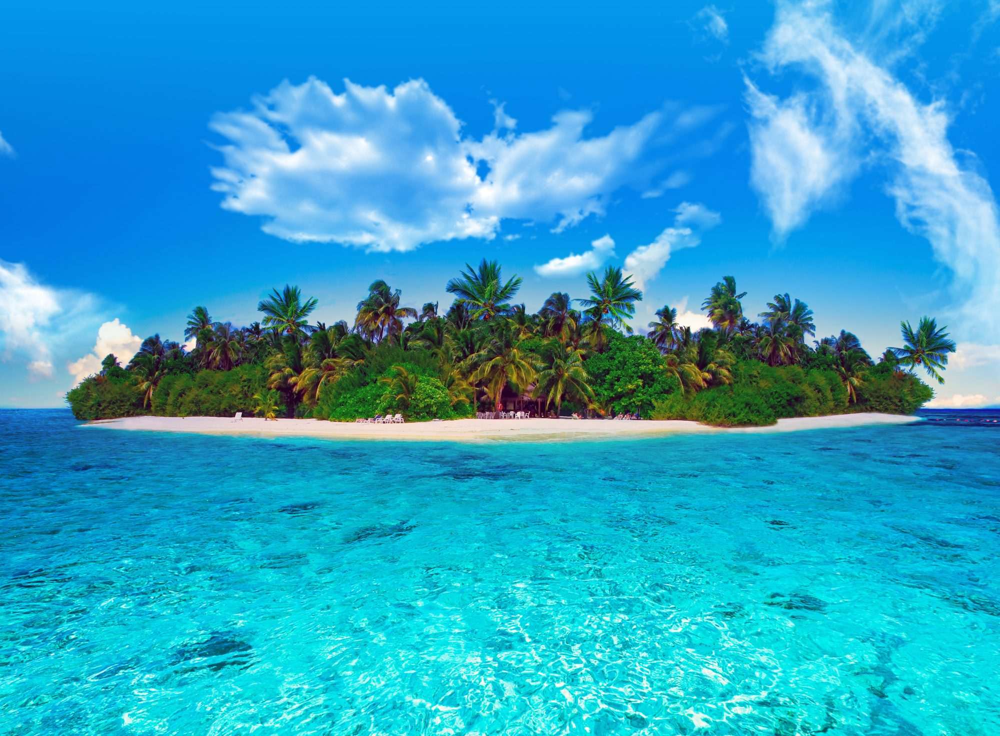 Fotobehang Tropisch Eiland met Palmbomen en Turquoise Zee - Afbeelding 2