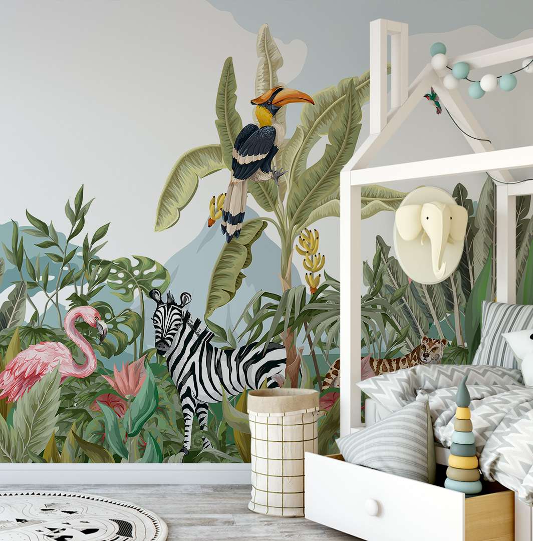 Fotobehang Tropische Jungle met Zebra en Toekan voor de Kinderkamer