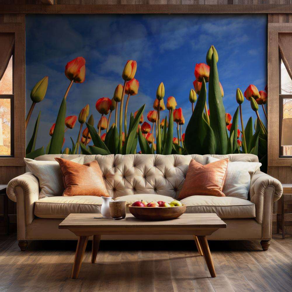 Fotobehang Tulpen tegen Blauwe Lucht