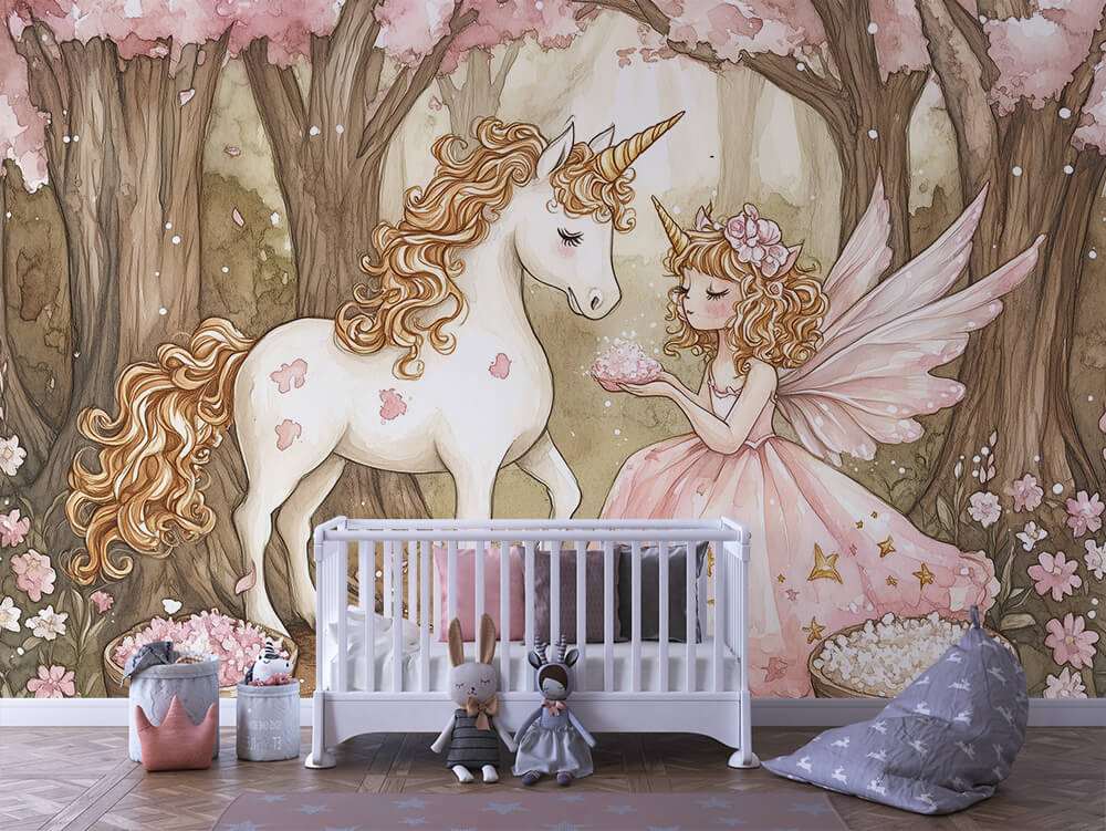 Eenhoorn en Fee tussen Bloesembomen – Sprookjesachtig Fotobehang Kinderkamer