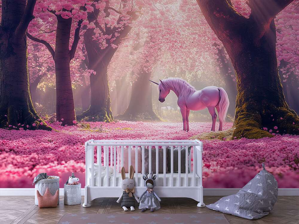 Eenhoorn in Roze Bloesembos – Magisch Fotobehang Kinderkamer