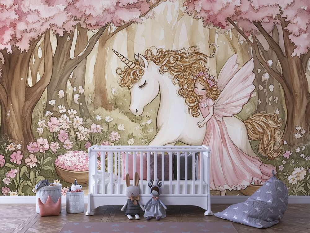 Eenhoorn met Fee in Bloesembos – Betoverend Fotobehang Kinderkamer