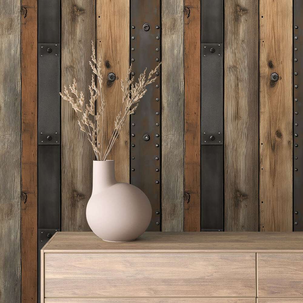 Fotobehang Verticale Houten Planken met Industrieel Karakter
