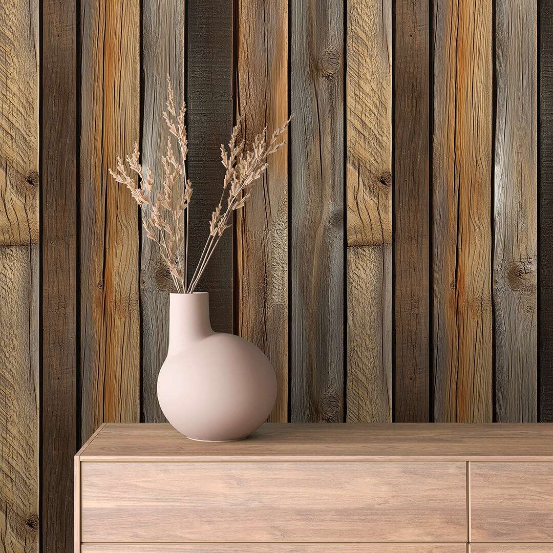 Fotobehang Verticale Houten Planken met Warme Houttinten