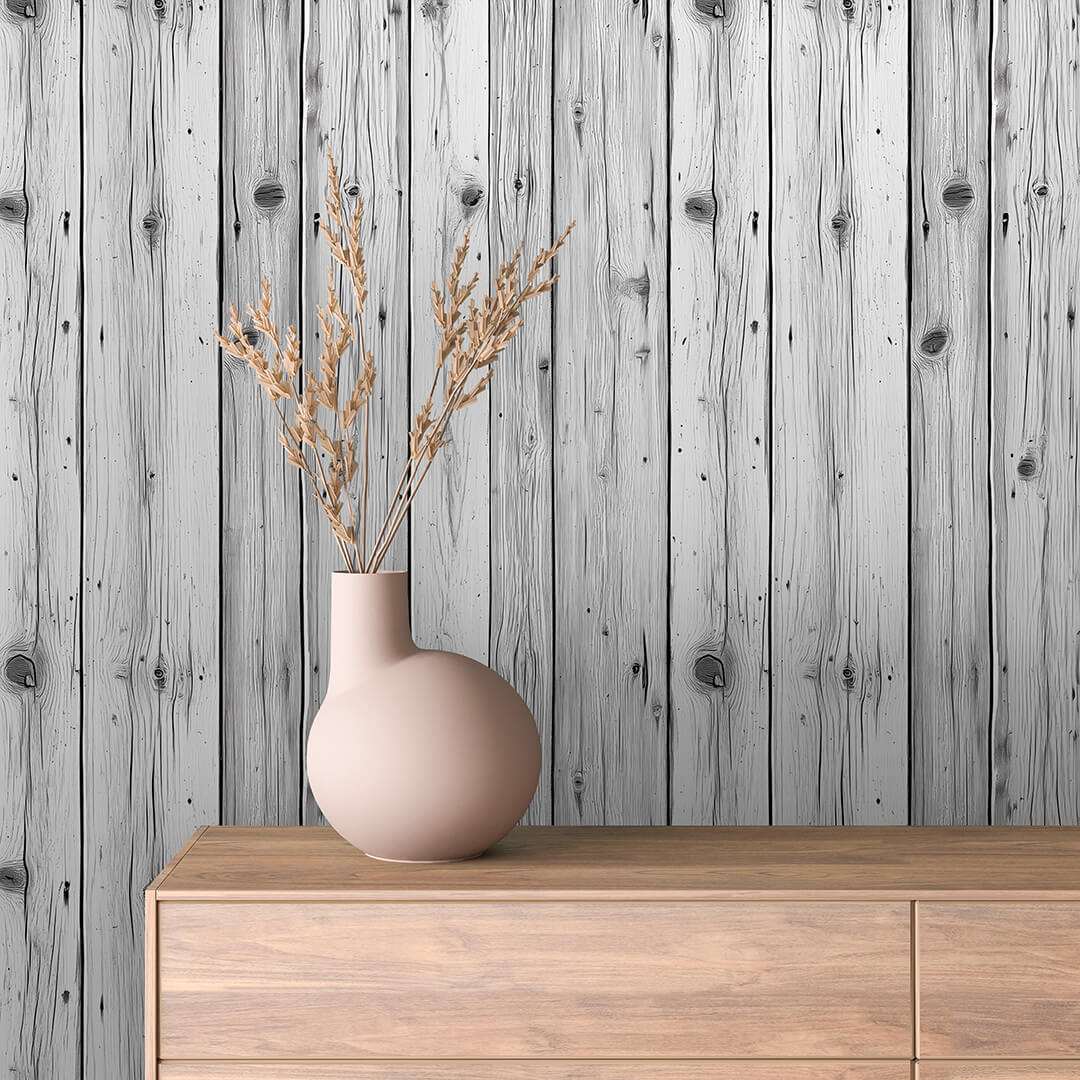 Fotobehang Verweerde Witte Houten Planken met Landelijke Uitstraling