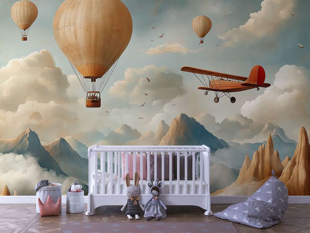 Fotobehang Vintage Vliegtuig en Luchtballonnen boven Bergen