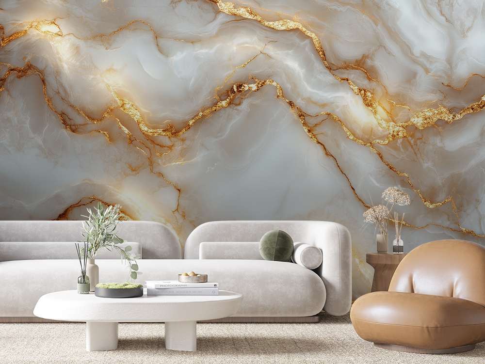 Fotobehang Wit Marmer met Brede Gouden Aders