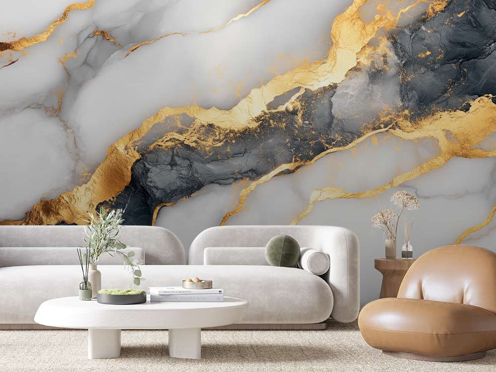 Fotobehang Wit Marmer met Zwarte en Gouden Aders